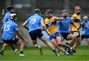 5 June 2021; Cathal Malone of Clare in action against Mark Schutte, right, and James Madden, 9, of Dublin during the Allianz Hurling League Division 1 Group B Round 4 match between Dublin and Clare at Parnell Park in Dublin. Photo by Piaras Ó Mídheach/Sportsfile