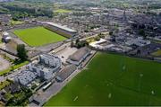 6 June 2021; An aerial view of Bord na Móna O'Connor Park, top left, and Tullamore GAA Centre, bottom right, before the Allianz Hurling League Division 2A Round 4 match between Offaly and Down at Bord na Móna O'Connor Park in Tullamore, Offaly. Photo by Sam Barnes/Sportsfile