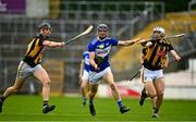 6 June 2021; Aaron Dunphy of Laois in action against Eoin Cody, left, and Huw Lawlor of Kilkenny during the Allianz Hurling League Division 1 Group B Round 4 match between Kilkenny and Laois at UPMC Nowlan Park in Kilkenny. Photo by Eóin Noonan/Sportsfile