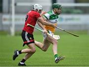 6 June 2021; Leon Fox of Offaly in action against Eoghan Sands of Down during the Allianz Hurling League Division 2A Round 4 match between Offaly and Down at Bord na Móna O'Connor Park in Tullamore, Offaly. Photo by Sam Barnes/Sportsfile