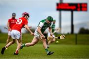 6 June 2021; Rory Porteous of Fermanagh in action against Sean Kerrisk of Louth during the Allianz Hurling League Roinn 3B match between Louth and Fermanagh at Louth Centre of Excellence in Darver, Louth. Photo by David Fitzgerald/Sportsfile