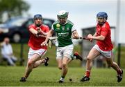 6 June 2021; Sean Corrigan of Fermanagh in action against Paddy Lynch, left, and Andrew Smyth of Louth during the Allianz Hurling League Roinn 3B match between Louth and Fermanagh at Louth Centre of Excellence in Darver, Louth. Photo by David Fitzgerald/Sportsfile