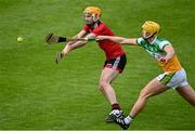6 June 2021; Matt Conlon of Down in action against Killian Sampson of Offaly during the Allianz Hurling League Division 2A Round 4 match between Offaly and Down at Bord na Móna O'Connor Park in Tullamore, Offaly. Photo by Sam Barnes/Sportsfile