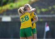 6 June 2021; Donegal players Karen Guthrie, right, and Kate Keaney celebrate after their victory in the Lidl Ladies Football National League match between Galway and Donegal at Tuam Stadium in Tuam, Galway. Photo by Piaras Ó Mídheach/Sportsfile