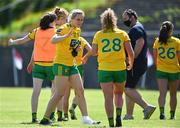 6 June 2021; Donegal players Karen Guthrie, left, and Kate Keaney celebrate after their victory in the Lidl Ladies Football National League match between Galway and Donegal at Tuam Stadium in Tuam, Galway. Photo by Piaras Ó Mídheach/Sportsfile