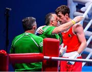 6 June 2021; Aidan Walsh of Ireland celebrates after victory over Yevhenii Barabanov of Ukraine in their welterweight 69kg quarter-final bout on day three of the Road to Tokyo European Boxing Olympic qualifying event at Le Grand Dome in Paris, France. Photo by Baptiste Fernandez/Sportsfile