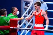 6 June 2021; Aidan Walsh of Ireland celebrates after victory over Yevhenii Barabanov of Ukraine in their welterweight 69kg quarter-final bout on day three of the Road to Tokyo European Boxing Olympic qualifying event at Le Grand Dome in Paris, France. Photo by Baptiste Fernandez/Sportsfile