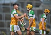 6 June 2021; Oisín Kelly of Offaly, left, and team-mate Killian Sampson celebrate their side's victory after the Allianz Hurling League Division 2A Round 4 match between Offaly and Down at Bord na Móna O'Connor Park in Tullamore, Offaly. Photo by Sam Barnes/Sportsfile