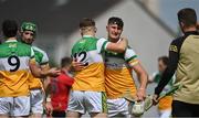 6 June 2021; Oisín Kelly of Offaly, centre right, and team-mate Brian Duignan celebrate their side's victory after the Allianz Hurling League Division 2A Round 4 match between Offaly and Down at Bord na Móna O'Connor Park in Tullamore, Offaly. Photo by Sam Barnes/Sportsfile