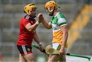 6 June 2021; Conor Langton of Offaly and Caolan Taggart of Down bump fists after the Allianz Hurling League Division 2A Round 4 match between Offaly and Down at Bord na Móna O'Connor Park in Tullamore, Offaly. Photo by Sam Barnes/Sportsfile