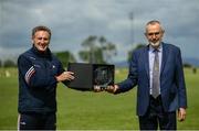 6 June 2021; Louth GAA Chairman Peter Fitzpatrick presents a glass plaque to Uachtarán Chumann Lúthchleas Gael Larry McCarthy at the Allianz Hurling League Roinn 3B match between Louth and Fermanagh at Louth Centre of Excellence in Darver, Louth. Photo by David Fitzgerald/Sportsfile