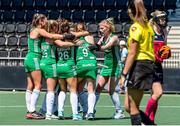 7 June 2021; Ireland players, Deirdre Duke, Sarah Hawkshaw, Anna O'Flanagan, Kathryn Mullan and Hannah Matthews celebrate their side's first goal scored by team-mate Naomi Carroll during the Women's EuroHockey Championships Pool A match between Ireland and Scotland at Wagener Hockey Stadium in Amstelveen, Netherlands. Photo by Gerrit van Keulen/Sportsfile