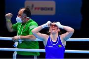 7 June 2021; Michaela Walsh of Ireland celebrates after winning her featherweight semi-final bout against Stanimira Petrova of Bulgaria on day four of the Road to Tokyo European Boxing Olympic qualifying event at Le Grand Dome in Paris, France. Photo by Baptiste Fernandez/Sportsfile