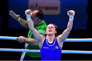 7 June 2021; Michaela Walsh of Ireland celebrates after winning her featherweight semi-final bout against Stanimira Petrova of Bulgaria on day four of the Road to Tokyo European Boxing Olympic qualifying event at Le Grand Dome in Paris, France. Photo by Baptiste Fernandez/Sportsfile
