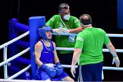 7 June 2021; Kellie Harrington of Ireland with coaches Zaur Antia, right, and John Conlon during her lightweight 60kg semi-final against Esra Yildiz of Turkey bout on day four of the Road to Tokyo European Boxing Olympic qualifying event at Le Grand Dome in Paris, France. Photo by Baptiste Fernandez/Sportsfile