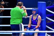 7 June 2021; Aoife O'Rourke of Ireland with coach Zaur Antia in her middleweight 75kg semi-final bout against Lauren Price of Great Britain on day four of the Road to Tokyo European Boxing Olympic qualifying event at Le Grand Dome in Paris, France. Photo by Baptiste Fernandez/Sportsfile