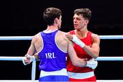 7 June 2021; Pat McCormack of Great Britain, right, and Aidan Walsh of Ireland after their welterweight 69kg semi-final bout on day four of the Road to Tokyo European Boxing Olympic qualifying event at Le Grand Dome in Paris, France. Photo by Baptiste Fernandez/Sportsfile