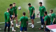 7 June 2021; Andrew Omobamidele and team-mates, from left, Ronan Curtis, Jamie McGrath and goalkeeper Mark Travers during a Republic of Ireland training session at Szusza Ferenc Stadion in Budapest, Hungary. Photo by Alex Nicodim/Sportsfile