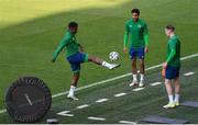 7 June 2021; Chiedozie Ogbene, left, Andrew Omobamidele and Ronan Curtis, right, during a Republic of Ireland training session at Szusza Ferenc Stadion in Budapest, Hungary. Photo by Alex Nicodim/Sportsfile