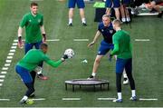 7 June 2021; Goalkeeping coach Dean Kiely with goalkeepers Gavin Bazunu, Mark Travers and Caoimhin Kelleher during a Republic of Ireland training session at Szusza Ferenc Stadion in Budapest, Hungary. Photo by Alex Nicodim/Sportsfile