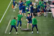 7 June 2021; Goalkeeping coach Dean Kiely with goalkeepers, from left, Gavin Bazunu, Mark Travers and Caoimhin Kelleher during a Republic of Ireland training session at Szusza Ferenc Stadion in Budapest, Hungary. Photo by Alex Nicodim/Sportsfile