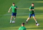 7 June 2021; Jason Knight, left, and Ryan Manning during a Republic of Ireland training session at Szusza Ferenc Stadion in Budapest, Hungary. Photo by Alex Nicodim/Sportsfile
