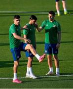 7 June 2021; John Egan, left, Danny Mandroiu and James Collins, right, during a Republic of Ireland training session at Szusza Ferenc Stadion in Budapest, Hungary. Photo by Alex Nicodim/Sportsfile