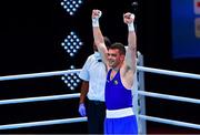 7 June 2021; Emmet Brennan of Ireland celebrates after winning his light heavyweight 81kg Box Off for Olympic Place bout against Liridon Nuha of Sweden on day four of the Road to Tokyo European Boxing Olympic qualifying event at Le Grand Dome in Paris, France. Photo by Baptiste Fernandez/Sportsfile