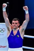 7 June 2021; Emmet Brennan of Ireland celebrates after winning his light heavyweight 81kg Box Off for Olympic Place bout against Liridon Nuha of Sweden on day four of the Road to Tokyo European Boxing Olympic qualifying event at Le Grand Dome in Paris, France. Photo by Baptiste Fernandez/Sportsfile