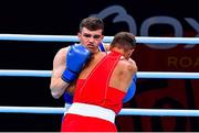 7 June 2021; Emmet Brennan of Ireland, left, and Liridon Nuha of Sweden in their light heavyweight 81kg Box Off for Olympic Place bout on day four of the Road to Tokyo European Boxing Olympic qualifying event at Le Grand Dome in Paris, France. Photo by Baptiste Fernandez/Sportsfile