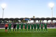 8 June 2021; The Republic of Ireland team stand for the playing of the National Anthem before the international friendly match between Hungary and Republic of Ireland at Szusza Ferenc Stadion in Budapest, Hungary. Photo by Alex Nicodim/Sportsfile