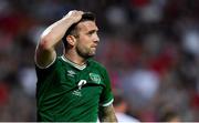 8 June 2021; Shane Duffy of Republic of Ireland reacts to a missed opportunity on goal during the international friendly match between Hungary and Republic of Ireland at Szusza Ferenc Stadion in Budapest, Hungary. Photo by Alex Nicodim/Sportsfile