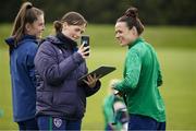 8 June 2021; Áine O'Gorman and FAI international team operations executive Denise McElhinney during a Republic of Ireland women training session at Versalavollur in Reykjavik, Iceland. Photo by Eythor Arnason/Sportsfile