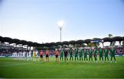 8 June 2021; Players and match officials stand for the playing of the National Anthems before the international friendly match between Hungary and Republic of Ireland at Szusza Ferenc Stadion in Budapest, Hungary. Photo by Alex Nicodim/Sportsfile