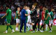 8 June 2021; Republic of Ireland manager Stephen Kenny and goalkeeper Caoimhin Kelleher following the international friendly match between Hungary and Republic of Ireland at Szusza Ferenc Stadion in Budapest, Hungary. Photo by Alex Nicodim/Sportsfile