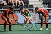 9 June 2021; Anna O'Flanagan of Ireland in action against Lola Riera, left, and Alejandra Torres-Quevedo of Spain during the Women's EuroHockey Championships Pool A match between Ireland and Spain at Wagener Hockey Stadium in Amstelveen, Netherlands. Photo by Gerrit van Keulen/Sportsfile