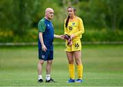 9 June 2021; Republic of Ireland goalkeeper Ciara Glackin with goalkeeping coach Pat Behan during a break in play in the Women's U19 International Friendly between Republic of Ireland and Northern Ireland at AUL Complex in Dublin. Photo by Piaras Ó Mídheach/Sportsfile