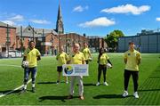 10 June 2021; Ambassadors Brian Kerr and Michael Darragh MacAuley with, from left, Mehari Kahasay, Michelle Kane, Recreation worker, Dublin City Council, Mariama Kamari and Tareq Altourk pictured at the launch of the Football for Unity Festival which will take place at venues across the north east inner city of Dublin from Monday 14th of June to Friday 16th of July. The Football for Unity Festival aims to foster the social inclusion of third-country nationals sustainably through active participation in football-based initiatives. For more information visit - www.footballforunity.ie”.  Photo by Brendan Moran/Sportsfile