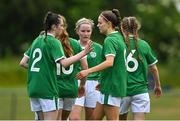 9 June 2021; Rebecca Watkins of Republic of Ireland, right, celebrates scoring her side's second goal with team-mate Melissa O'Kane during the Women's U19 International Friendly between Republic of Ireland and Northern Ireland at AUL Complex in Dublin. Photo by Piaras Ó Mídheach/Sportsfile