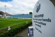 10 June 2021; A general view of a hand sanitising station at the RDS Arena ahead of Leinster Rugby's Guinness PRO14 Rainbow Cup game against Dragons on Friday, 11 June. The game has been designated a test event by the Irish Government whereby 1,200 supporters will be allowed access to attend the match. Photo by Stephen McCarthy/Sportsfile
