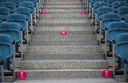 10 June 2021; Row signage at the RDS Arena ahead of Leinster Rugby's Guinness PRO14 Rainbow Cup game against Dragons on Friday, 11 June. The game has been designated a test event by the Irish Government whereby 1,200 supporters will be allowed access to attend the match. Photo by Stephen McCarthy/Sportsfile