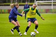 10 June 2021; Megan Connolly, left, and Louise Quinn during a Republic of Ireland women training session at Laugardalsvollur in Reykjavik, Iceland. Photo by Eythor Arnason/Sportsfile