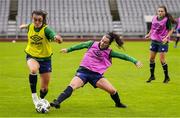 10 June 2021; Niamh Farrelly, left, and Roma McLaughlin during a Republic of Ireland women training session at Laugardalsvollur in Reykjavik, Iceland. Photo by Eythor Arnason/Sportsfile