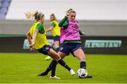 10 June 2021; Saoirse Noonan, right, and Denise O'Sullivan during a Republic of Ireland women training session at Laugardalsvollur in Reykjavik, Iceland. Photo by Eythor Arnason/Sportsfile