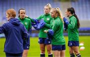10 June 2021; Ellen Molloy and Aine O'Gorman, left, during a Republic of Ireland women training session at Laugardalsvollur in Reykjavik, Iceland. Photo by Eythor Arnason/Sportsfile