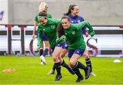 10 June 2021; Ciara Grant, left, and Jessica Ziu during a Republic of Ireland women training session at Laugardalsvollur in Reykjavik, Iceland. Photo by Eythor Arnason/Sportsfile