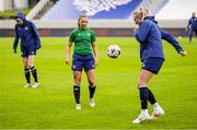 10 June 2021; Katie McCabe and Louise Quinn, right, during a Republic of Ireland women training session at Laugardalsvollur in Reykjavik, Iceland. Photo by Eythor Arnason/Sportsfile