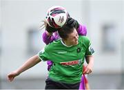 2 May 2021; Eleanor Ryan-Doyle of Peamount United is tackled by Treaty United goalkeeper Michaela Mitchell during the SSE Airtricity Women's National League match between Treaty United and Peamount United at Jackman Park in Limerick. Photo by Piaras Ó Mídheach/Sportsfile