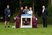 11 June 2021; Minister of State for Sport and the Gaeltacht Jack Chambers TD with 6th class pupils from his former school St. Brigid's National School, from left, Nero Arubayi, Phoebe Duncan, Aveen McDonnell, class teacher Patrick Lowery, Jarlath O'Farrell, Sibbhant Raipal and CEO Athletics Ireland Hamish Adams at the Daily Mile launch at St. Brigid's National School, Beechpark Lawn, Castleknock in Dublin.  Photo by Matt Browne/Sportsfile