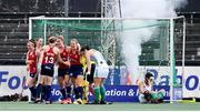 11 June 2021; Roisin Upton of Ireland reacts as England players celebrate their third goal scored by Lily Owsley, right, during the Women's EuroHockey Championships Pool C match between Ireland and England at Wagener Hockey Stadium in Amstelveen, Netherlands. Photo by Frank Uijlenbroek/World Sport Pics/Sportsfile